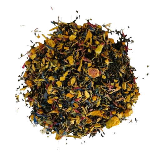 Image of Boost immunity with our Ginger Turmeric Tea. Low caffeine, anti-inflammatory, handmade with antioxidant-rich herbs for a soothing, spiced wellness blend!, featuring a vibrant mix of ginger, turmeric, green and black teas, bael nut, and cornflower petals in a soothing, aromatic cup