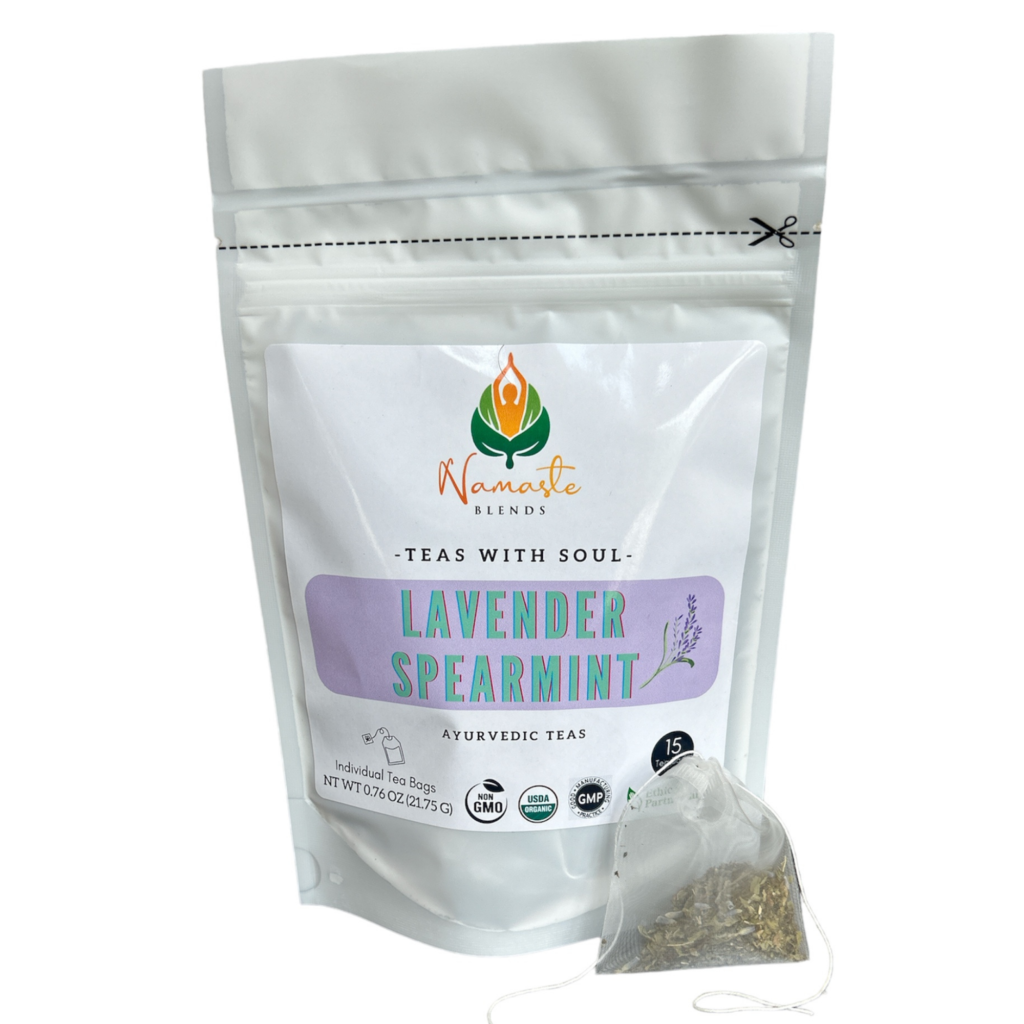 Organic Lavender Spearmint Tea bag, filled with a calming blend of lavender and spearmint to promote relaxation and soothe the mind.