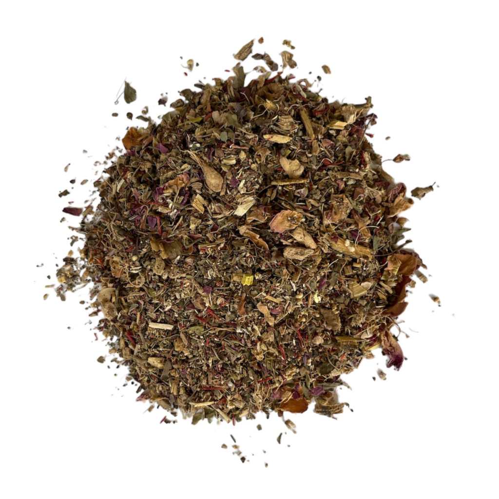 Detox, Refresh & Cleanse Herbal Tea blend featuring ingredients like ginger, licorice, tulsi, dandelion, and burdock for natural detoxification and wellness.