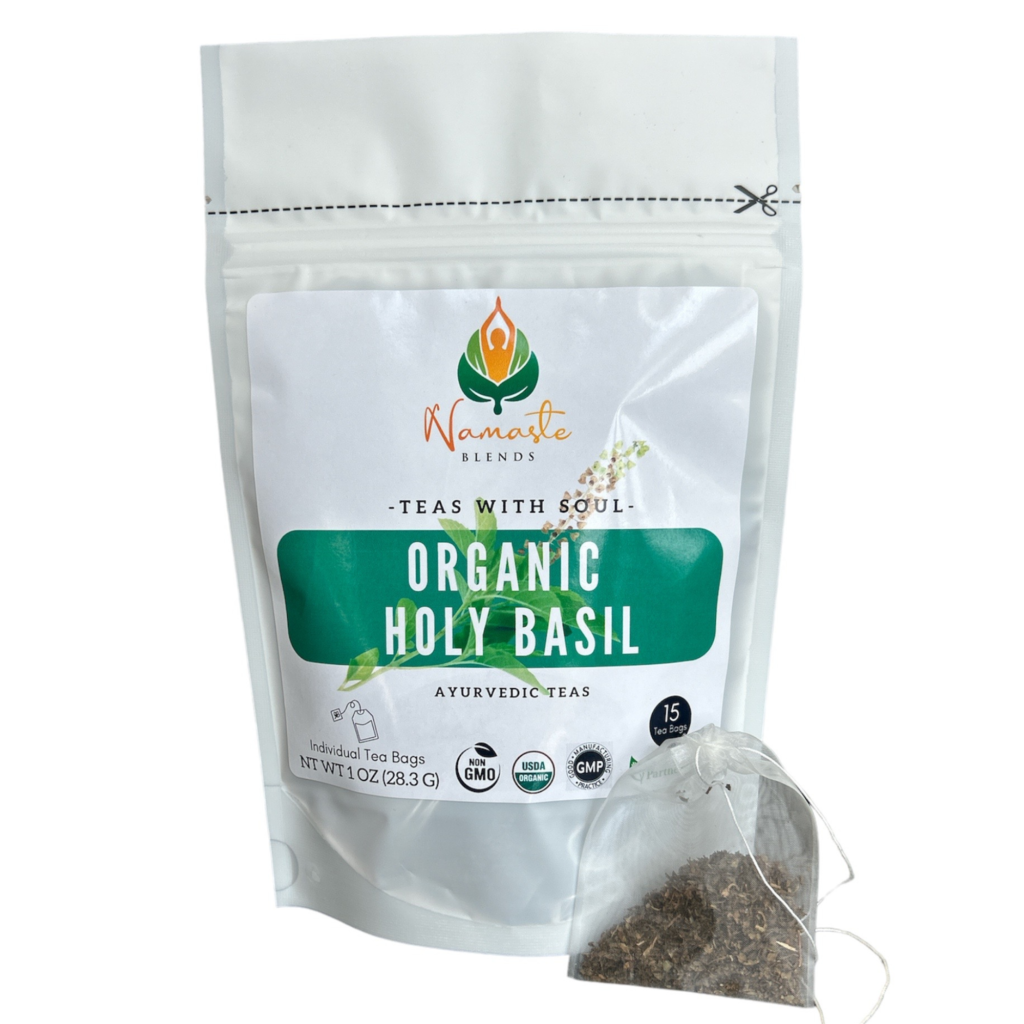 Organic Holy Basil tea bag with eco-friendly packaging featuring a vibrant design and labeled Holy Basil Organic Herbal Tea perfect for relaxation and wellness