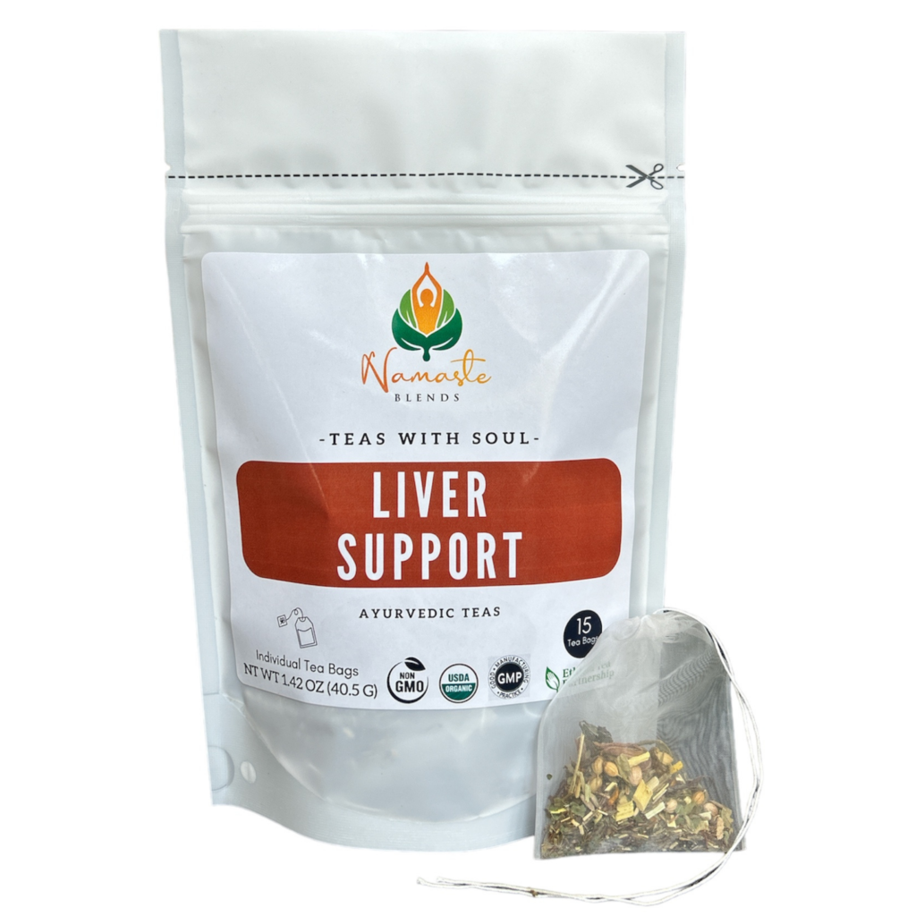 Organic Liver Support Tea bag filled with a detoxifying blend of herbs like green rooibos, turmeric, fennel, and dandelion to promote liver health and wellness.