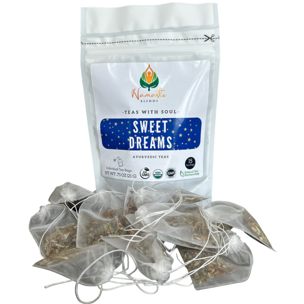 Organic Sleep Tea Bag with calming herbs, wrapped in eco-friendly packaging, designed to promote relaxation and restful sleep with each soothing sip.