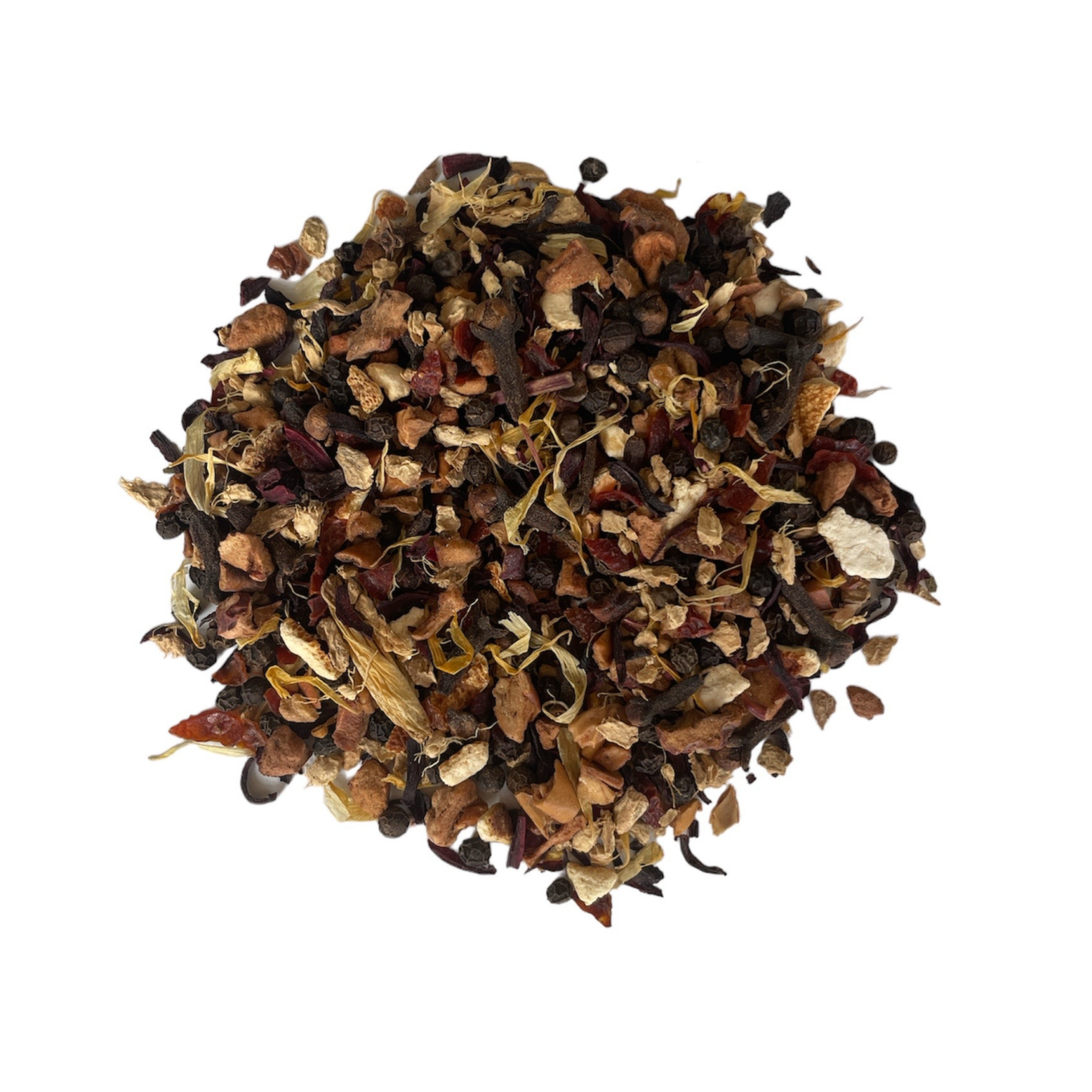 A warm cup of Kapha Dosha Balance Tea featuring a natural blend of apple, hibiscus, ginger, and clove, designed to balance Kapha and promote vitality and digestion.