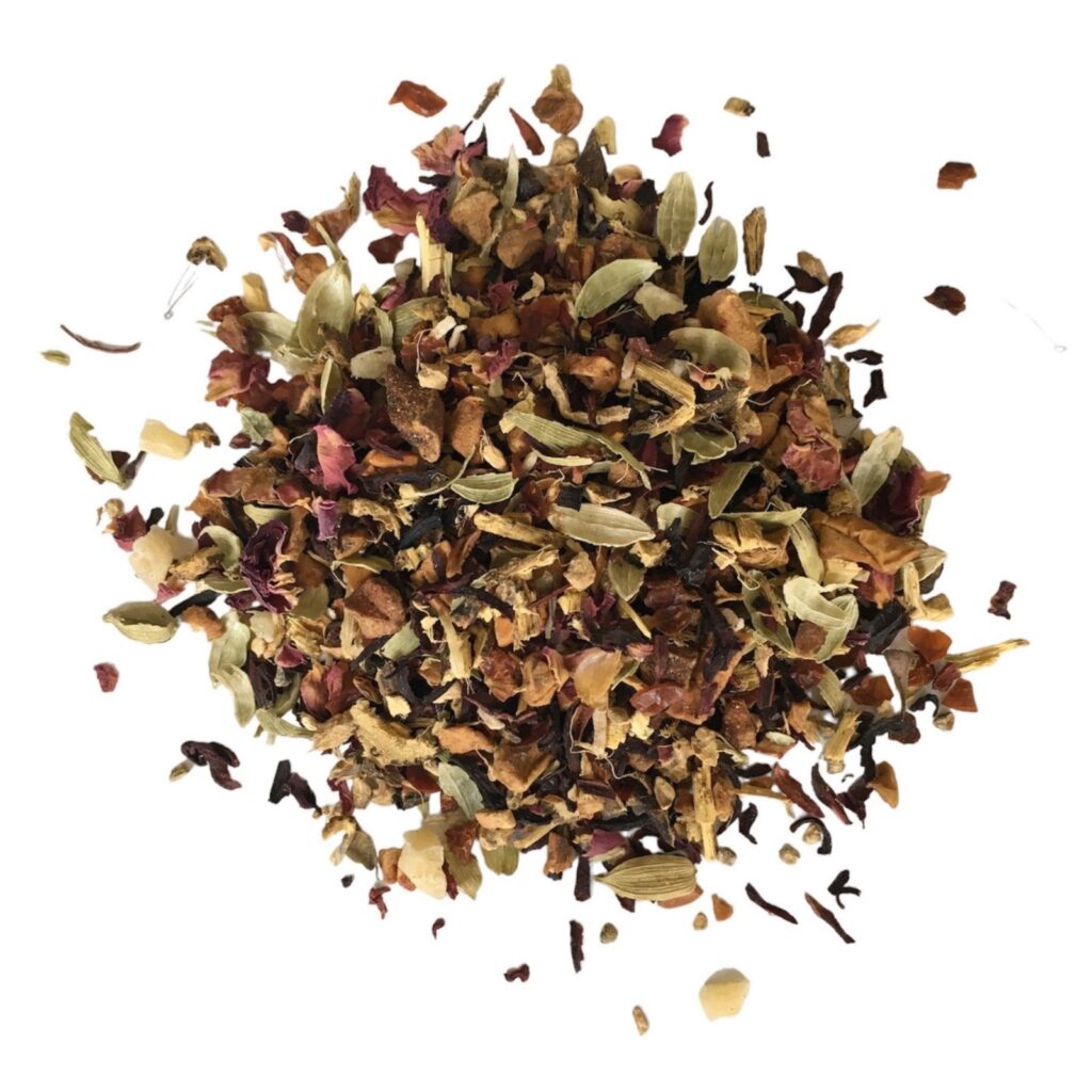 Pitta Dosha Herbal Tea blend with apple, hibiscus, rosehip, pineapple, coconut, licorice, cardamom, ginger, and rose petals for balance and wellness.