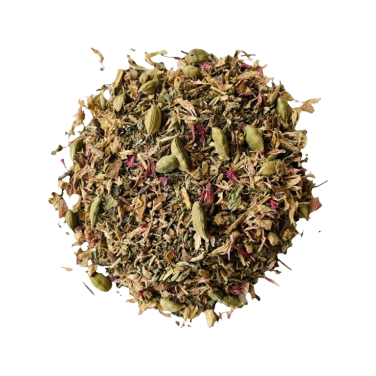 Digestive Balance Herbal Tea blend with peppermint, cinnamon, ginger, licorice, and other organic ingredients for digestive support.