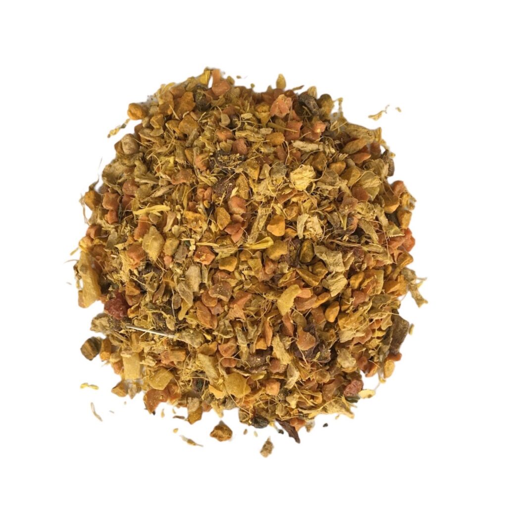 Radiant Glow Skin Tea blend featuring turmeric, ginger, rosehip, dandelion, and calendula petals, crafted for skin health and wellness with antioxidant-rich ingredients and a vibrant, aromatic profile inspired by Ayurvedic traditions.