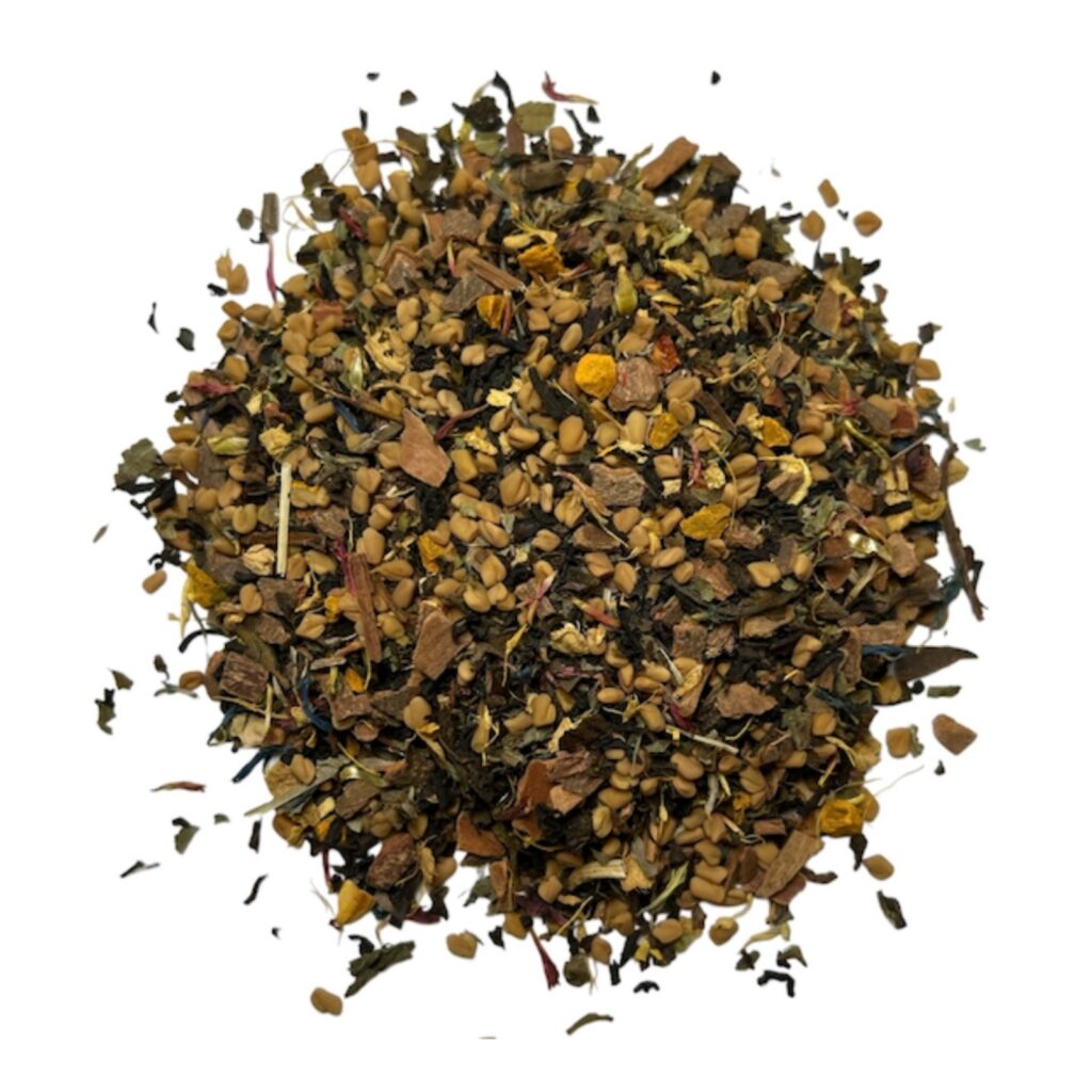 Loose leaf body-sugar-balance-tea featuring a blend of green tea, black tea, turmeric, cinnamon, fenugreek, and other Ayurvedic herbs for natural wellness and blood sugar balance.