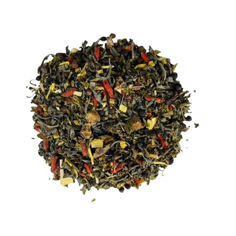 A cup of herbal tea for weight loss with a blend of Green Tea, Triphala, Organic Black Pepper, Goji Berries, Organic Spearmint, and Organic Barberry Root.