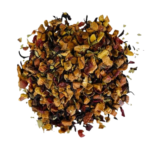 Colon Cleanse Tea made with apple pieces, hibiscus, senna leaves, rosehip, pomegranate pieces, triphala, and natural flavors, supporting digestion and detoxification.