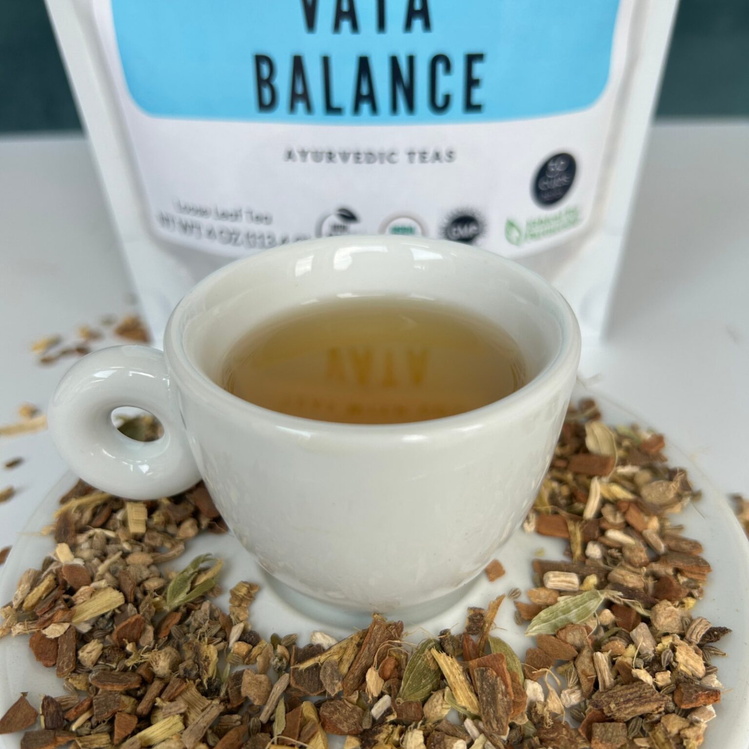 Relaxing herbal tea for Vata dosha, featuring Licorice, Cardamom, Organic Ginger, Organic Cinnamon, Organic Ashwagandha, and Organic Anise to balance anxiety and restore calm.