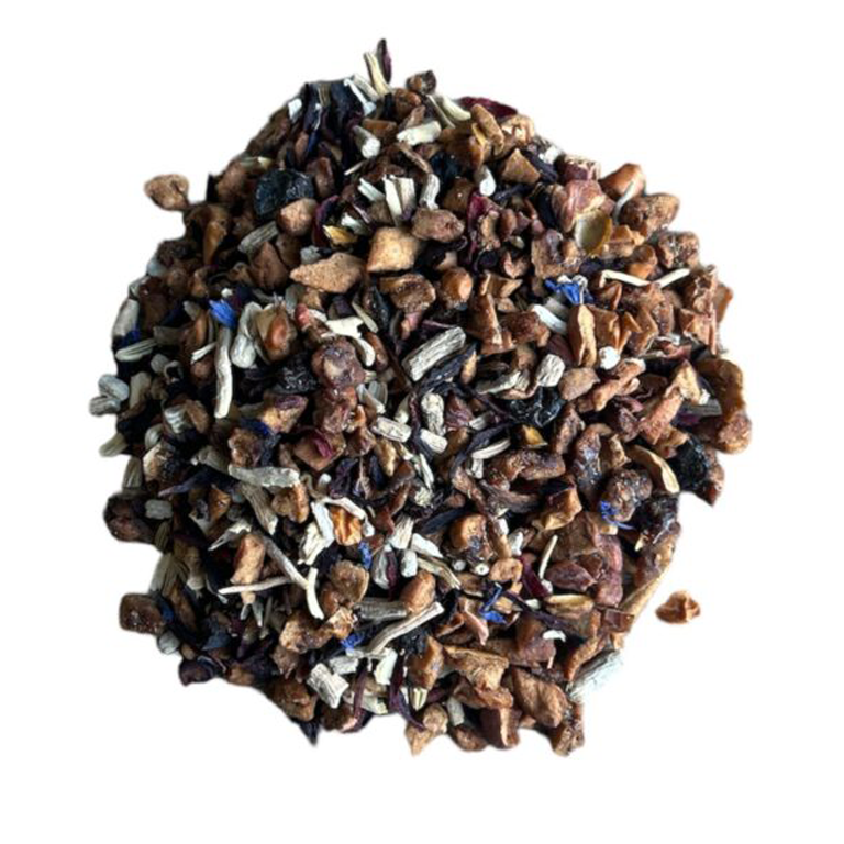 Strength and stamina tea. Apple Pieces, Hibiscus, Fennel, Currants, Cornflower Petals, Organic Ashwagandha in a vibrant tea blend for vitality, stress relief, and digestive support.