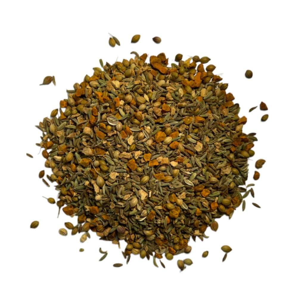 Organic CCF Tea with Ginger & Turmeric, a blend of cumin, coriander, fennel, ginger, and turmeric for digestive support, detox, and overall wellness.