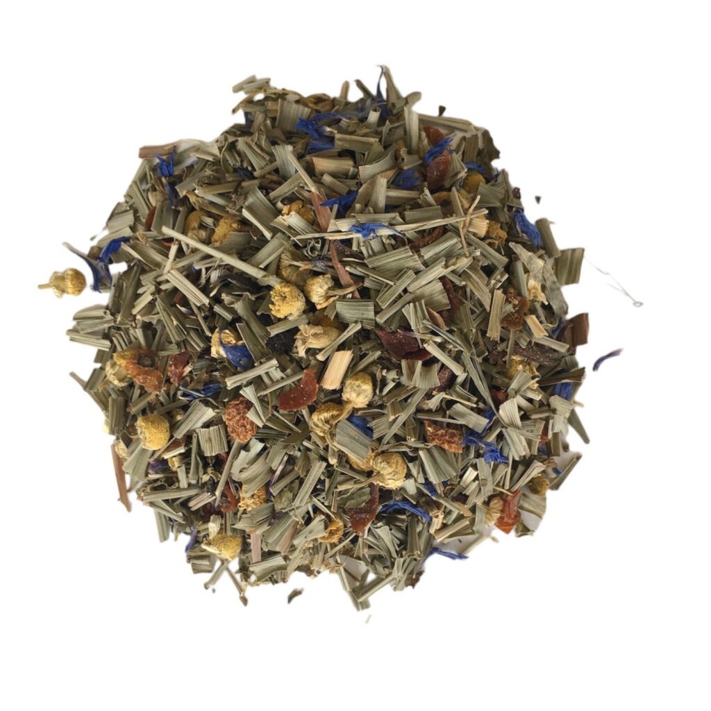 Organic Sweet Dreams Tea for sleep, a calming blend of chamomile, lavender, and valerian root, designed to promote relaxation and restful sleep.