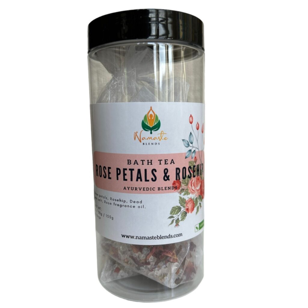 Rose Petals Bath Sachet with organic rose petals, rosehip, rose essential oil, and Dead Sea salts for a soothing, rejuvenating, and relaxing Natural Bath and Skin Care experience.