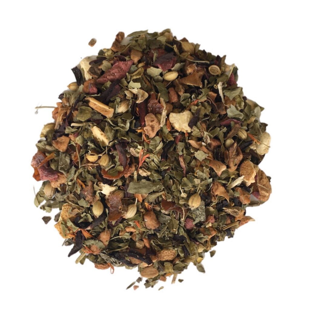 A calming cup of Urinary Support Herbal Tea, featuring a blend of hibiscus, moringa, cranberry, and dandelion petals, promoting kidney health and detoxification.