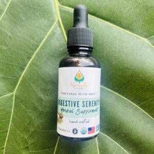 Bottle of Digestive Serenity Herbal Supplement with organic fennel and food-grade alcohol, designed to support digestion, ease bloating, and promote gut wellness.