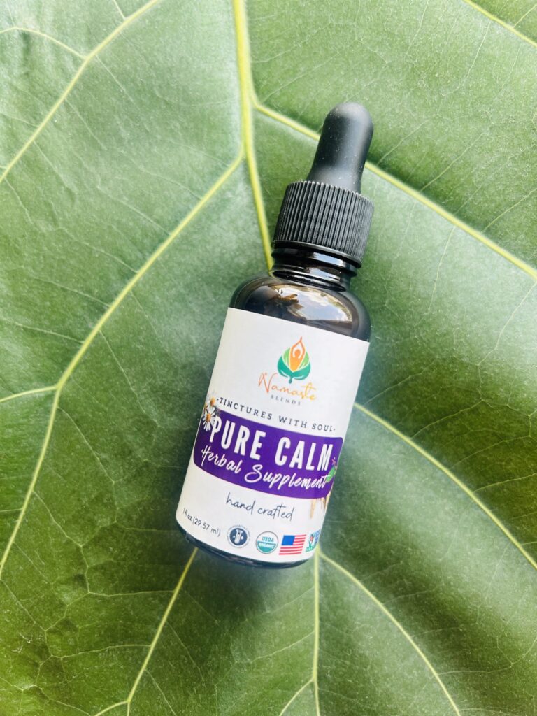 Bottle of Pure Calm Herbal Supplement with calming herbs, designed to support relaxation, reduce stress, and promote emotional balance.