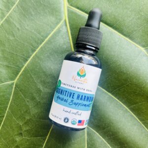 Bottle of Cognitive Harmony Herbal Supplement, formulated with mind-supporting herbs and food-grade alcohol to promote mental clarity, focus, and calm.