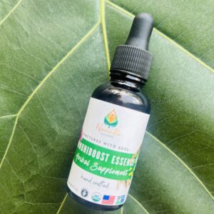 Bottle of ImmuniBoost Essence Herbal Supplement, featuring a blend of immune-supporting herbs extracted in food-grade alcohol to enhance natural defense and overall wellness.