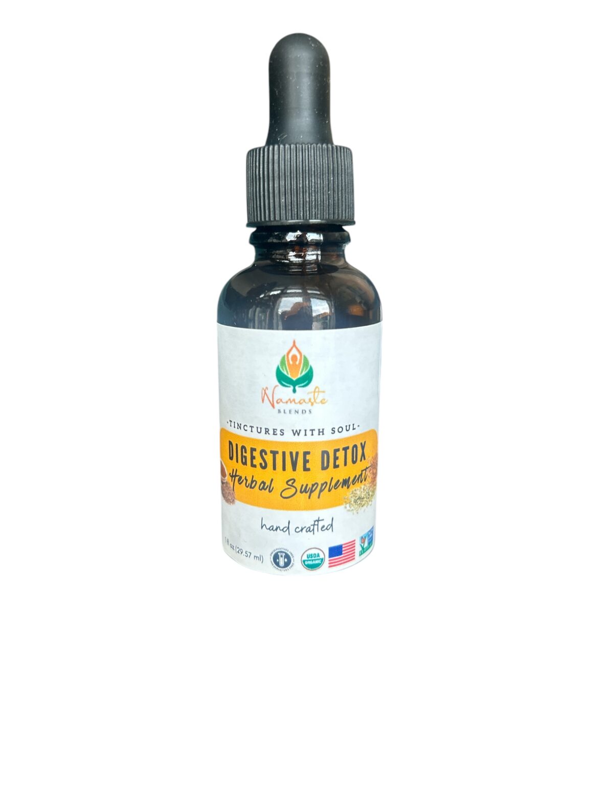 Bottle of Digestive Detox Herbal Supplement, featuring natural herbs and food-grade alcohol to support healthy digestion, gentle detoxification, and relief from bloating.