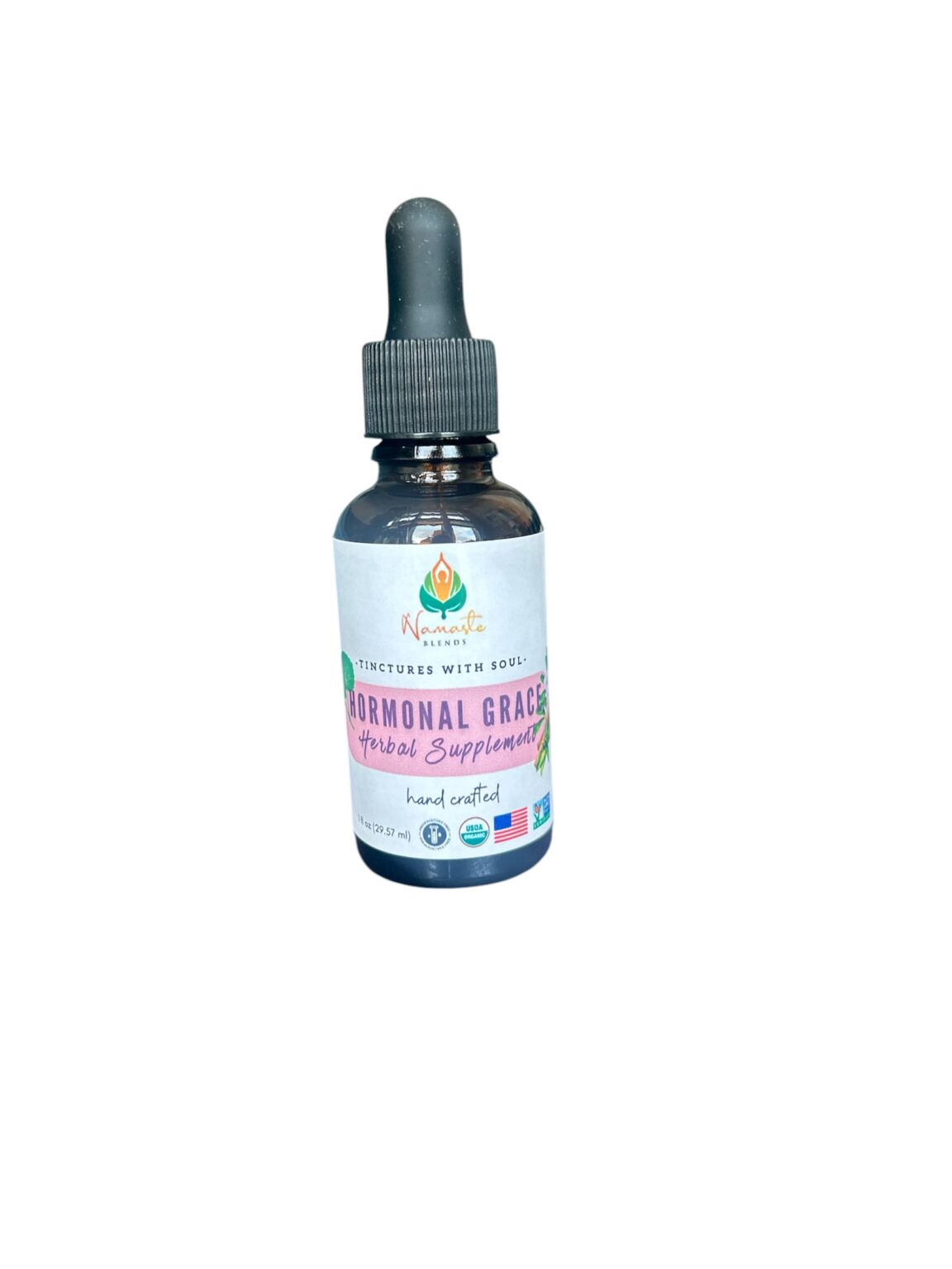 Bottle of Hormonal Grace Herbal Supplement, made with balancing herbs and food-grade alcohol to support hormonal harmony, emotional well-being, and menstrual health.