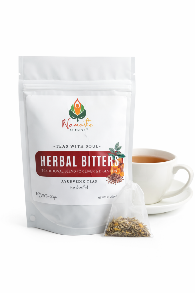 herbal bitters tea displayed in a minimalist setting with a white mug and neutral background, caffeine free herbal tea with visible dried roots and bitter botanicals, natural herbal blend designed for daily digestive wellness rituals and mindful living, cozy tea aesthetic, herbal tea for gut balance and routine support, wellness tea gift idea, tea presentation for self care and balanced lifestyle