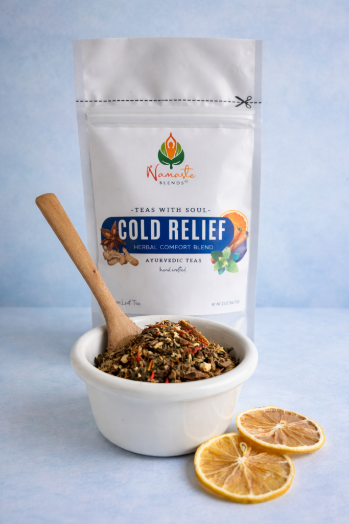 loose leaf herbal tea for cold relief displayed in a minimalist setting with a white mug and neutral background, caffeine free herbal tea with visible dried botanicals designed for soothing daily wellness rituals during seasonal changes, natural loose leaf tea blend for cozy routines and mindful living, warm tea aesthetic, herbal tea for comfort and balance, wellness tea gift idea, loose leaf tea pouch presentation for self care and seasonal lifestyle