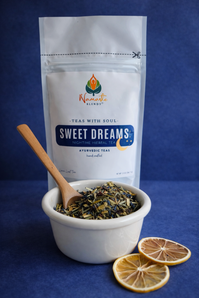 sweet dreams herbal tea bags displayed in a minimalist setting with a white mug and soft neutral tones, caffeine free herbal tea sachets with visible botanicals like chamomile and lemongrass, calming night blend designed for evening wellness rituals and mindful living, cozy tea aesthetic, herbal tea for relaxation and rest routine, wellness tea gift idea, tea bags presentation for self care and peaceful lifestyle