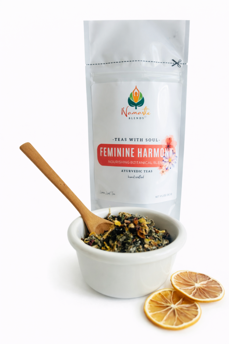 herbal tea bags for feminine balance displayed in a minimalist setting with a white mug and soft neutral tones, caffeine free herbal tea sachets with visible botanicals designed for women’s wellness rituals and mindful living, floral herbal tea for daily self care routine, cozy tea aesthetic, herbal tea for balance and comfort lifestyle, wellness tea gift for women, tea bags presentation for calm and nurturing routine
