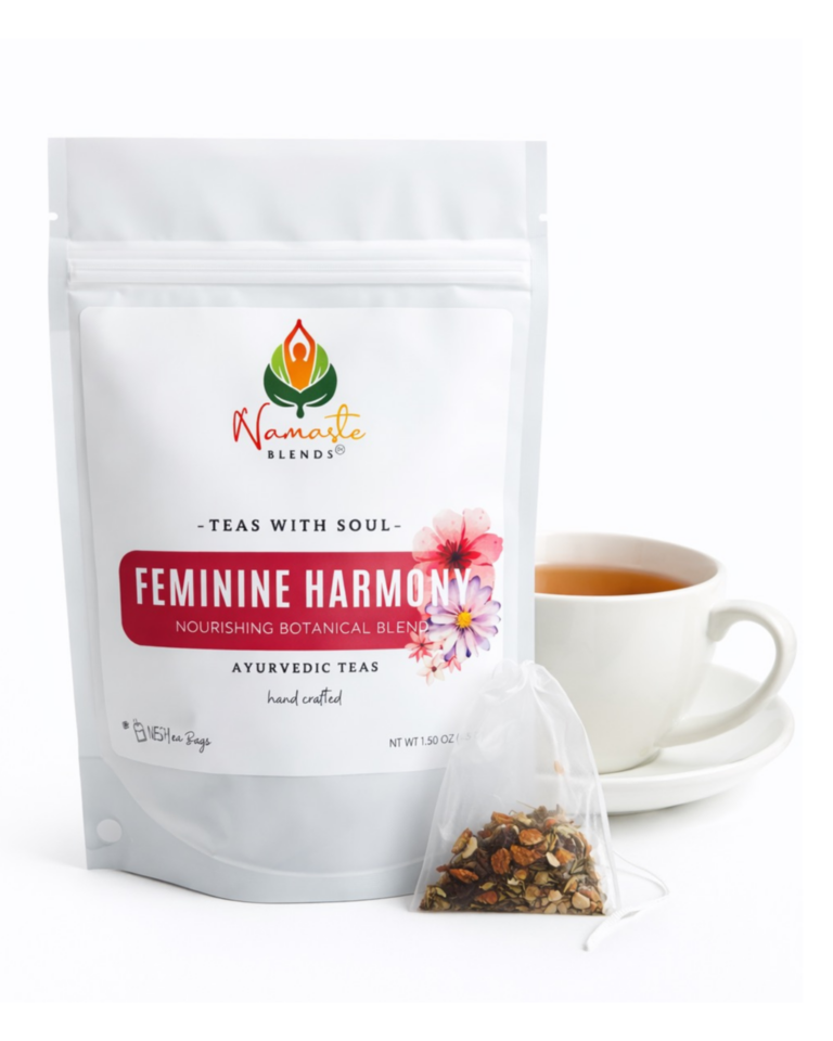 Herbal tea bags for feminine balance in a minimalist setting with a white mug and soft neutral tones, caffeine free herbal tea designed to support a woman’s daily wellness routine, calming floral inspired blend for cycle balance and self care rituals, gentle herbal tea for mood and hormonal harmony, cozy tea moment aesthetic, wellness tea gift for women, herbal tea sachets trio presentation, relaxing evening tea ritual for feminine wellbeing