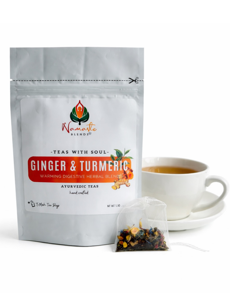 Loose leaf herbal tea bags with ginger and turmeric displayed in a minimalist setting with a white mug and neutral background, caffeine free herbal tea with visible warming spices designed for daily wellness rituals and mindful living, natural herbal tea sachets for grounding routine and digestive support lifestyle, cozy tea moment aesthetic, wellness tea gift idea, tea bags presentation for self care and balanced daily habits