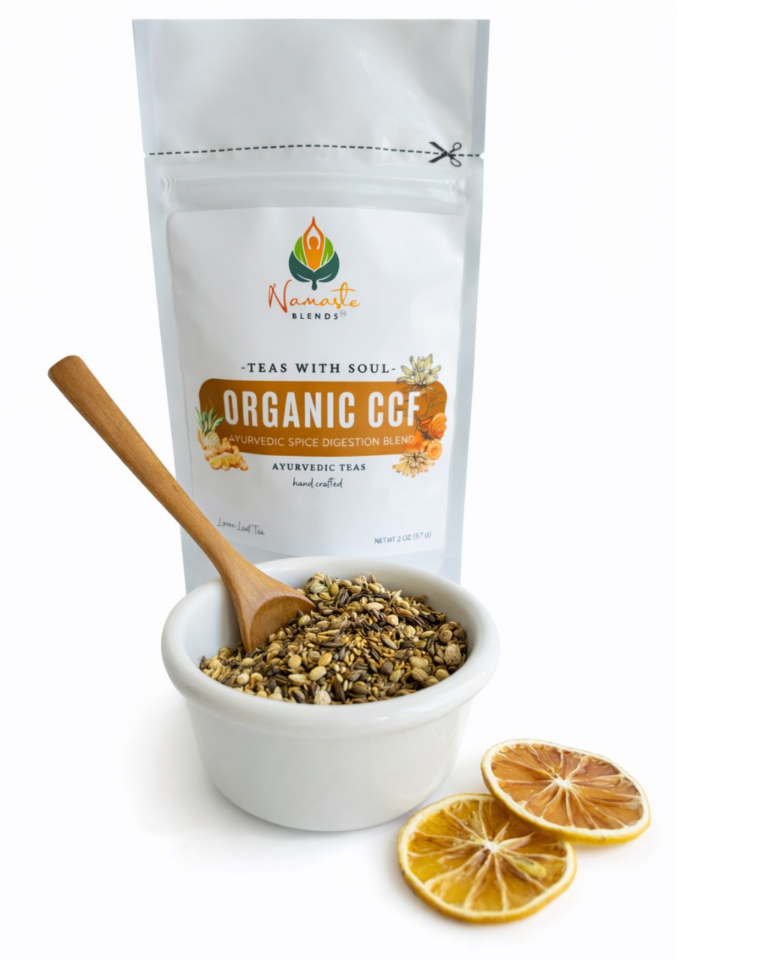 Loose leaf organic CCF tea blend with cumin coriander and fennel displayed in a minimalist setting with a white mug and neutral background, caffeine free herbal tea with visible whole seeds designed for daily digestive wellness rituals, natural loose leaf tea for gentle balance and mindful living, cozy tea aesthetic, traditional Ayurvedic herbal tea blend for daily routine, wellness tea gift idea, loose leaf tea pouch presentation for grounding self care practice