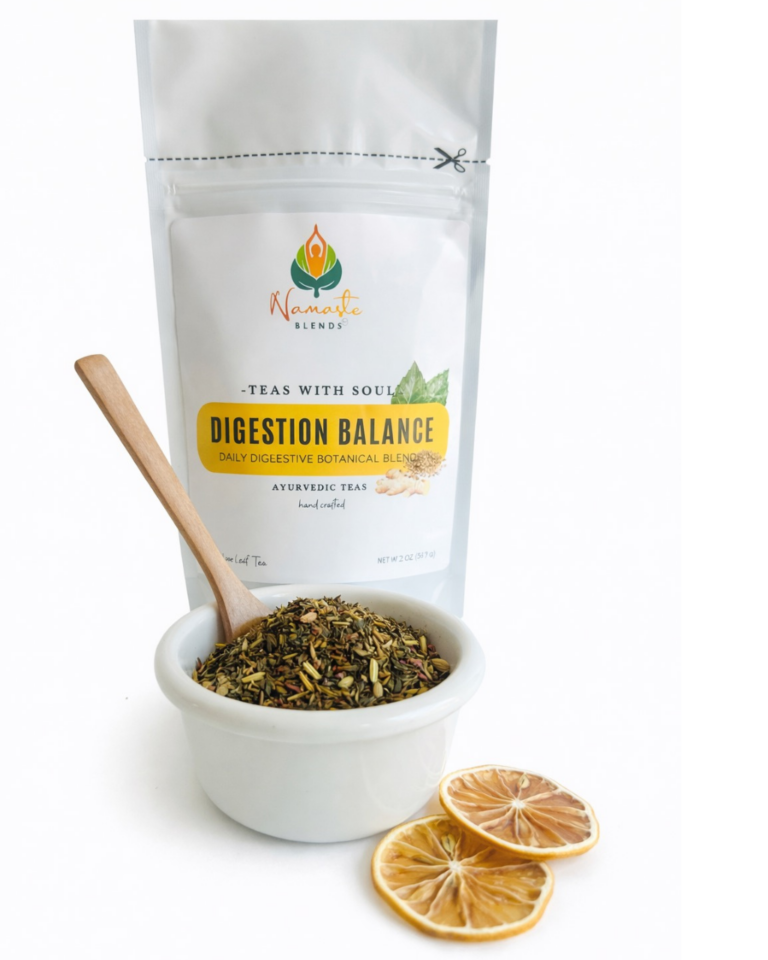 Loose leaf herbal tea for digestion balance displayed in a minimalist setting with a white mug and neutral background, caffeine free herbal tea with visible dried roots and botanicals designed for daily digestive wellness rituals, natural loose leaf tea blend for bloating relief routine and mindful living, cozy tea aesthetic, herbal tea for gut balance and gentle support, wellness tea gift idea, loose leaf tea pouch presentation for self care and balanced lifestyle