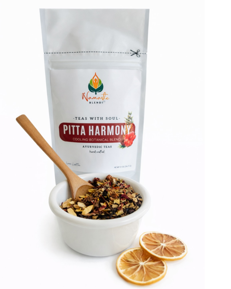 Loose leaf herbal tea for Pitta balance displayed in a minimalist setting with a white mug and soft neutral tones, caffeine free herbal tea with visible dried botanicals designed for cooling daily wellness rituals, refreshing loose leaf tea blend for calm and balance routine, cozy tea aesthetic, herbal tea for soothing self care moments, wellness tea gift idea, loose leaf tea pouch presentation for mindful living and balanced lifestyle