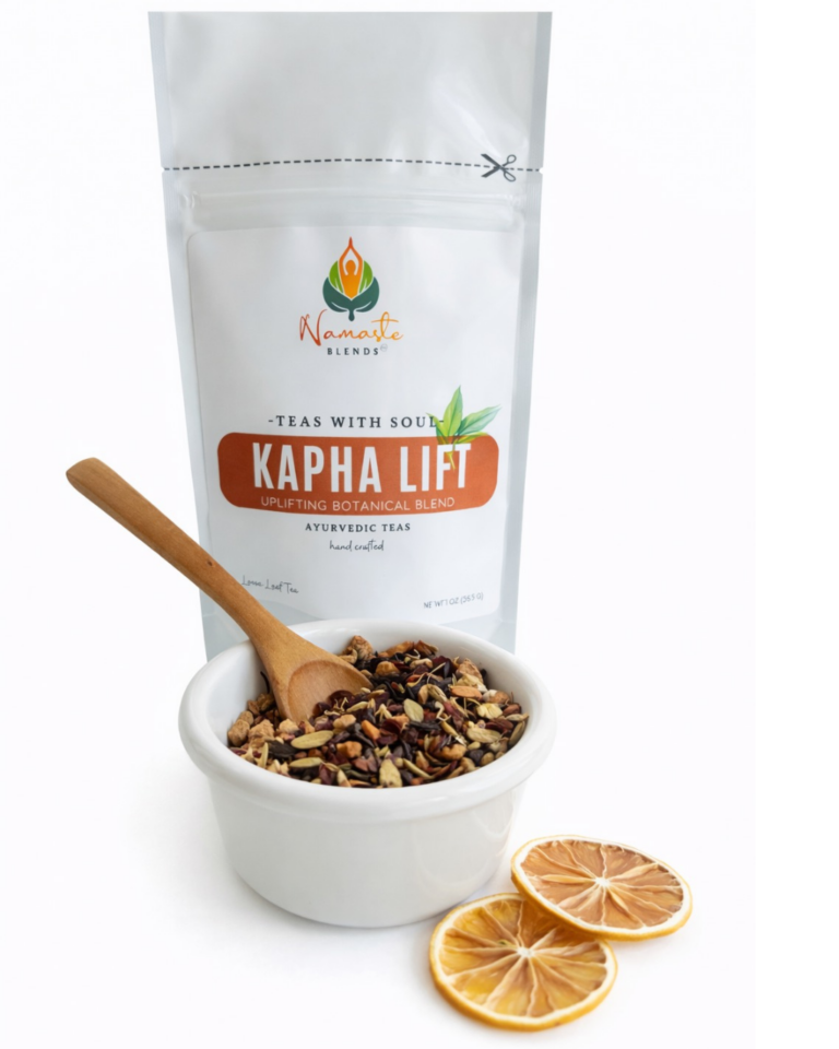 Loose leaf herbal tea for Kapha balance displayed in a minimalist setting with a white mug and neutral background, caffeine free herbal tea with visible dried herbs designed for uplifting daily wellness rituals, warming loose leaf tea blend for energy and lightness routine, natural herbal tea for mindful living and balance, cozy tea aesthetic, wellness tea gift idea, loose leaf tea pouch presentation for stimulating and grounding self care practice