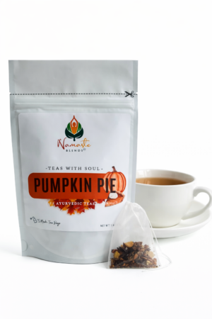pumpkin pie herbal tea displayed in a minimalist setting with a white mug and warm neutral tones, caffeine free herbal tea with visible spices and pumpkin pieces, cozy spiced tea blend designed for daily wellness rituals and mindful living, fall tea aesthetic, herbal tea for comfort and warmth, wellness tea gift idea, tea presentation for self care and cozy lifestyle