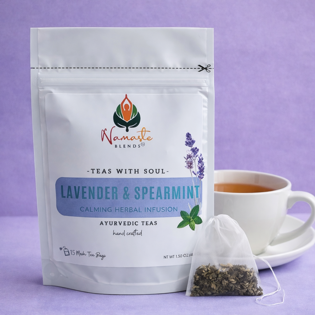 lavender spearmint herbal tea displayed in a minimalist setting with a white mug and soft neutral tones, organic caffeine free herbal tea with visible lavender buds and spearmint leaves, calming floral mint blend designed for daily wellness rituals and mindful living, cozy tea aesthetic, herbal tea for relaxation and balance, wellness tea gift idea, tea presentation for self care and peaceful lifestyle