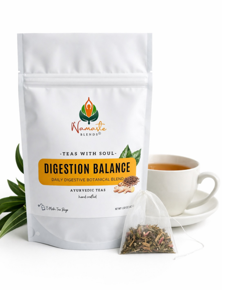 Herbal tea bags for digestion support in a minimalist setup with a white mug and neutral background, featuring a caffeine free wellness tea blend designed for daily balance and gentle digestive comfort, natural herbal tea sachets for bloating relief routine, cozy tea ritual aesthetic, loose herbal ingredients inspired blend, calming digestive tea for gut balance, self care tea moment, wellness tea gift idea, herbal tea bags trio presentation