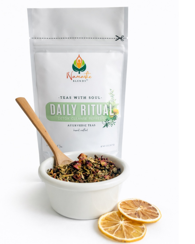 Loose leaf herbal tea blend for daily detox and balance displayed in a minimalist setting with a white mug and neutral background, caffeine free herbal tea with visible dried herbs and botanicals designed for everyday wellness rituals, natural loose leaf tea for gentle cleansing routine and mindful living, cozy tea aesthetic, herbal tea blend for grounding daily habits, wellness tea gift idea, loose leaf tea pouch presentation for self care and balanced lifestyle