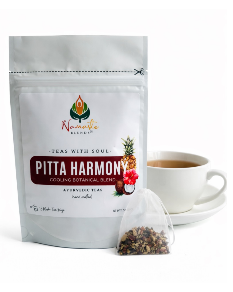 Herbal tea bags for Pitta balance displayed in a minimalist setup with a white mug and soft neutral tones, caffeine free herbal tea with visible dried botanicals designed for cooling daily wellness rituals, refreshing herbal tea sachets for calm and balance routine, cozy tea moment aesthetic, tea bags for soothing self care and mindful living, wellness tea gift idea, tea bags presentation for balanced lifestyle
