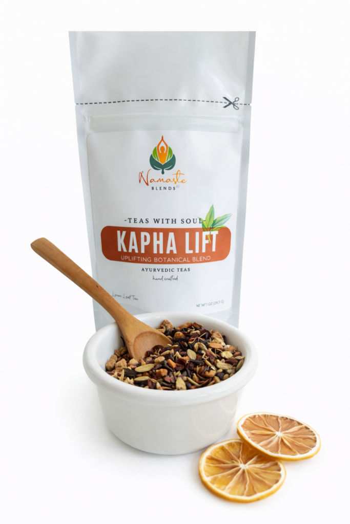 kapha lift herbal tea bags displayed in a minimalist setting with a white mug and warm neutral tones, caffeine free herbal tea sachets with visible spices like ginger clove and citrus pieces, energizing botanical blend designed for daily wellness rituals and mindful living, cozy tea aesthetic, herbal tea for energy and balance routine, wellness tea gift idea, tea bags presentation for self care and uplifting lifestyle