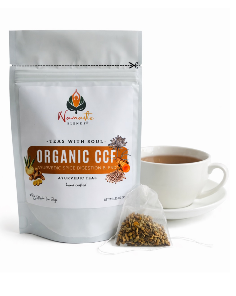 Herbal tea bags with organic cumin coriander and fennel displayed in a minimalist setup with a white mug and neutral background, caffeine free herbal tea with visible whole seeds designed for daily digestive wellness rituals, natural herbal tea sachets for mindful living and balanced routine, cozy tea moment aesthetic, traditional Ayurvedic tea blend for everyday use, wellness tea gift idea, tea bags presentation for grounding self care lifestyle