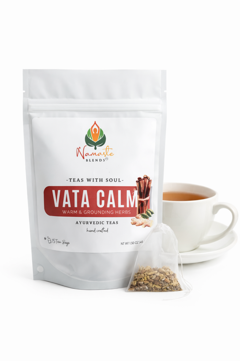 Vata Calm herbal tea by Namaste Blends loose leaf tea in white cup with minimal natural aesthetic