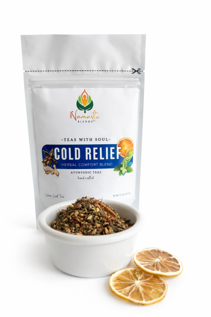loose leaf herbal tea for cold relief displayed in a minimalist setting with a white mug and neutral background, caffeine free herbal tea with visible dried botanicals designed for soothing daily wellness rituals during seasonal changes, natural loose leaf tea blend for cozy routines and mindful living, warm tea aesthetic, herbal tea for comfort and balance, wellness tea gift idea, loose leaf tea pouch presentation for self care and seasonal lifestyle