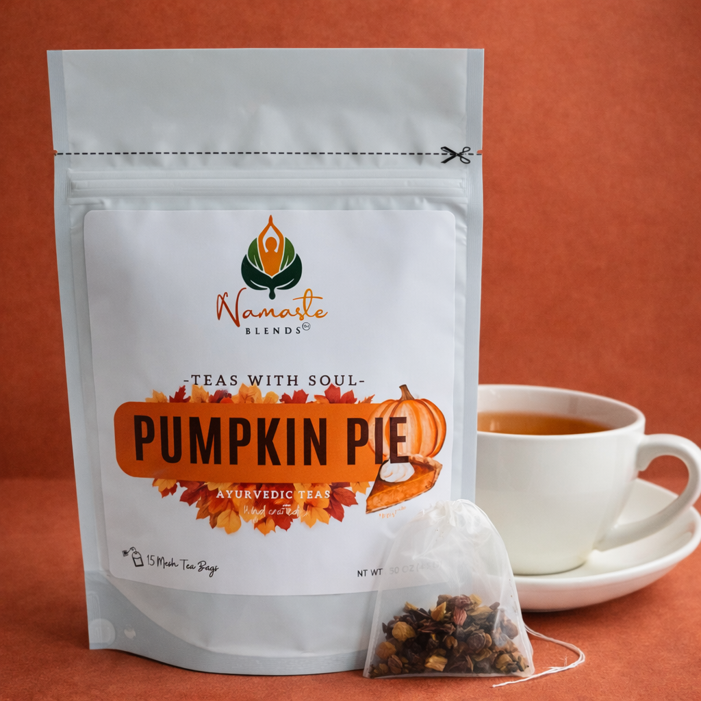 pumpkin pie herbal tea displayed in a minimalist setting with a white mug and warm neutral tones, caffeine free herbal tea with visible spices and pumpkin pieces, cozy spiced tea blend designed for daily wellness rituals and mindful living, fall tea aesthetic, herbal tea for comfort and warmth, wellness tea gift idea, tea presentation for self care and cozy lifestyle