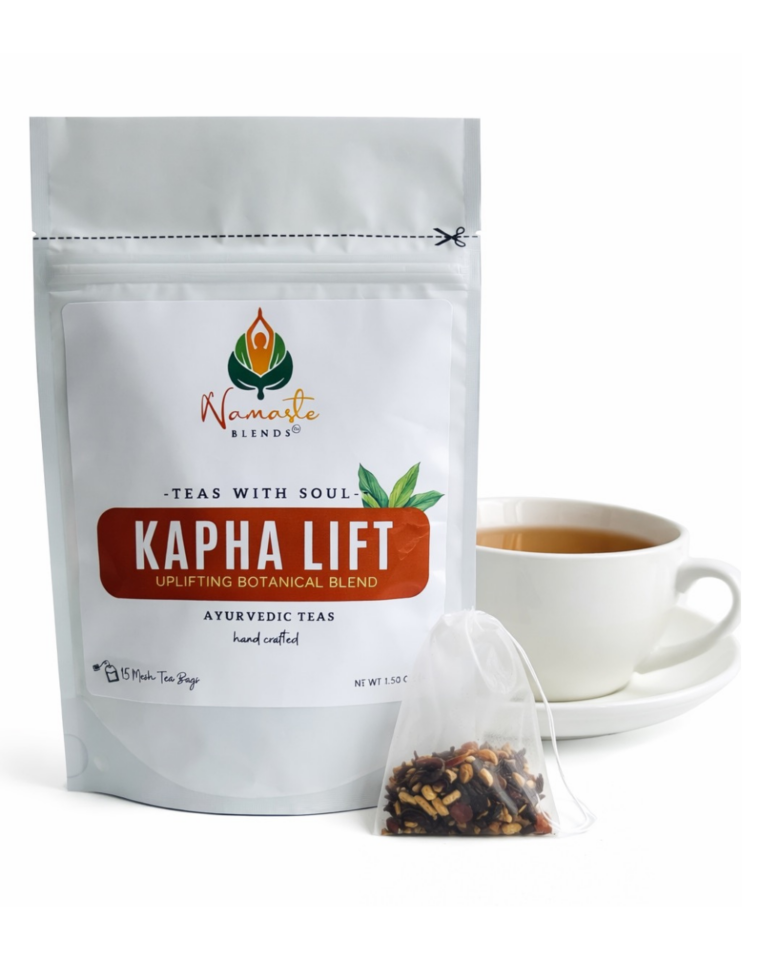 Herbal tea bags for Kapha balance displayed in a minimalist setup with a white mug and neutral background, caffeine free herbal tea with visible dried botanicals designed for energizing daily wellness rituals, warming herbal tea sachets for lightness and movement routine, cozy tea moment aesthetic, tea bags for mindful living and balanced lifestyle, wellness tea gift idea, tea bags presentation for stimulating and grounding self care practice