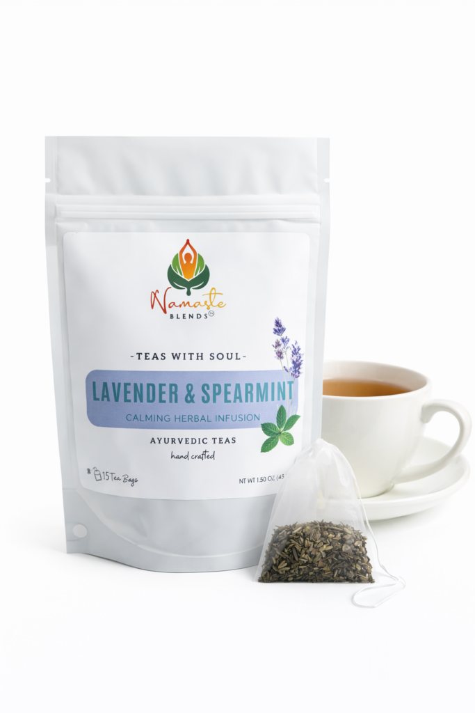 lavender spearmint herbal tea displayed in a minimalist setting with a white mug and soft neutral tones, organic caffeine free herbal tea with visible lavender buds and spearmint leaves, calming floral mint blend designed for daily wellness rituals and mindful living, cozy tea aesthetic, herbal tea for relaxation and balance, wellness tea gift idea, tea presentation for self care and peaceful lifestyle