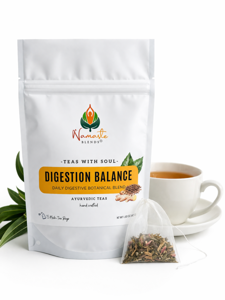 Digestion Balance herbal tea by Namaste Blends loose leaf tea in white cup minimal aesthetic natural herbal blend