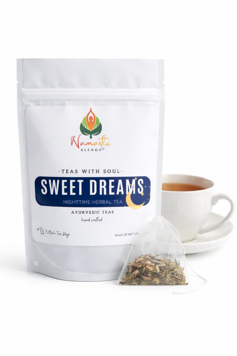 Sweet Dreams herbal tea by Namaste Blends loose leaf tea in white cup minimal aesthetic calming evening tea