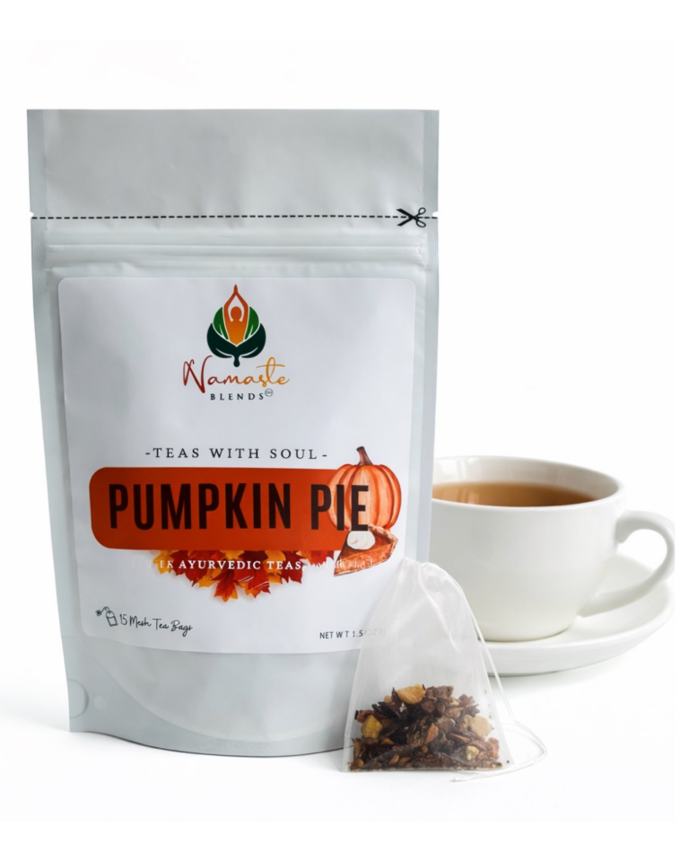 Herbal tea bags with pumpkin spice flavors displayed in a minimalist setup with a white mug and warm neutral tones, caffeine free herbal tea with visible spices inspired by pumpkin pie, cozy tea moment aesthetic, spiced herbal tea sachets for fall rituals and mindful living, comforting tea for daily routine, wellness tea gift idea, tea bags presentation for self care and seasonal lifestyle